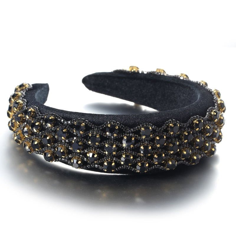 Fashionable full set rhinestone wide edge solid color sponge head hoop - Fashionner