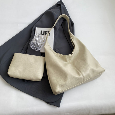 2Pcs Handbags Large Capacity Bag Women Underarm Korean Style Soft Pu Leather Shopping Shouder Bags With Small Wallet - Fashionner