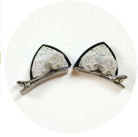 Lot de 2 jolies pinces pour filles, fleurs en tissu feutre pailleté arc-en-ciel, épingles à cheveux oreilles de chat lapin, accessoires pour cheveux pour enfants