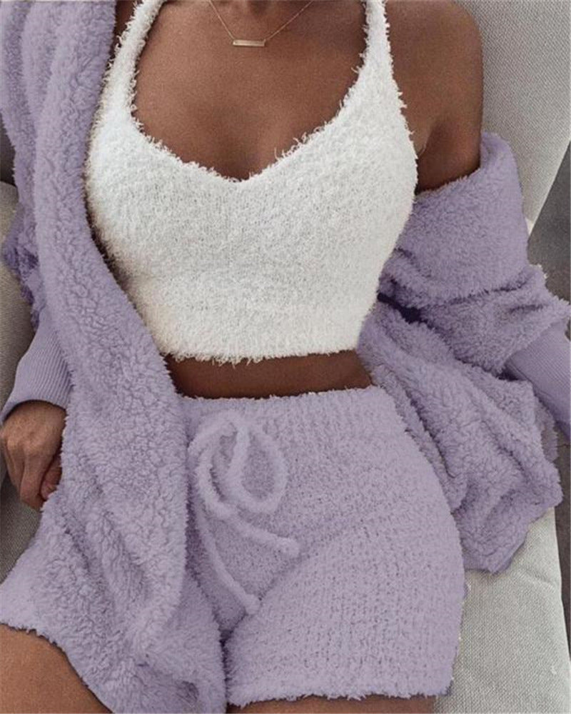 Buy 3Pcs Womens Clothing Long Sleeve Crop Tank Top And Drawstring Shorts Pajama Set online at Fashionner.