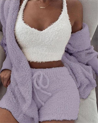 Buy 3Pcs Womens Clothing Long Sleeve Crop Tank Top And Drawstring Shorts Pajama Set online at Fashionner.