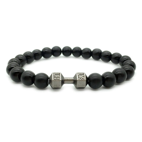 Bracelet d'haltères tendance en alliage de métal, perles de roche de lave et bijoux pour hommes