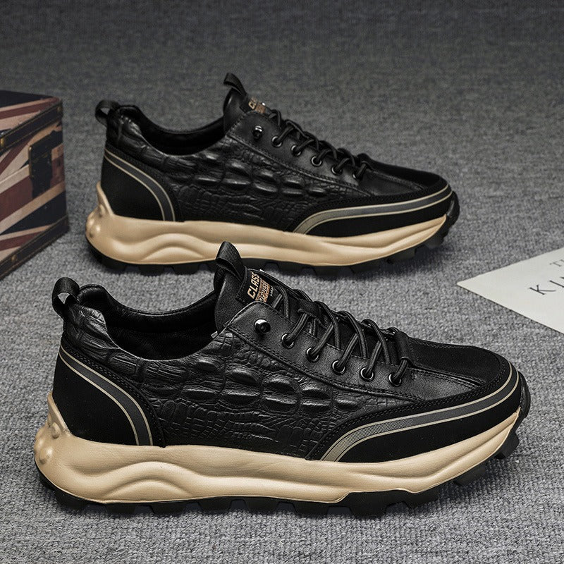 Men's shoes, autumn anti slip black labor protection shoes, work leather shoes, crocodile pattern thick soles, sports and leisure running shoes - Fashionner
