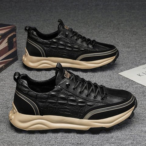Men's shoes, autumn anti slip black labor protection shoes, work leather shoes, crocodile pattern thick soles, sports and leisure running shoes - Fashionner