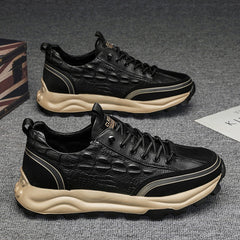 Men's shoes, autumn anti slip black labor protection shoes, work leather shoes, crocodile pattern thick soles, sports and leisure running shoes - Fashionner