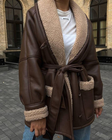 Leather And Fur Korean Style Long Sleeve Splicing Coat Women - Fashionner