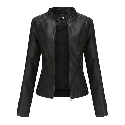 Vestes en cuir zippées pour femmes Mode couleur unie Poches Col montant Vêtements d'extérieur