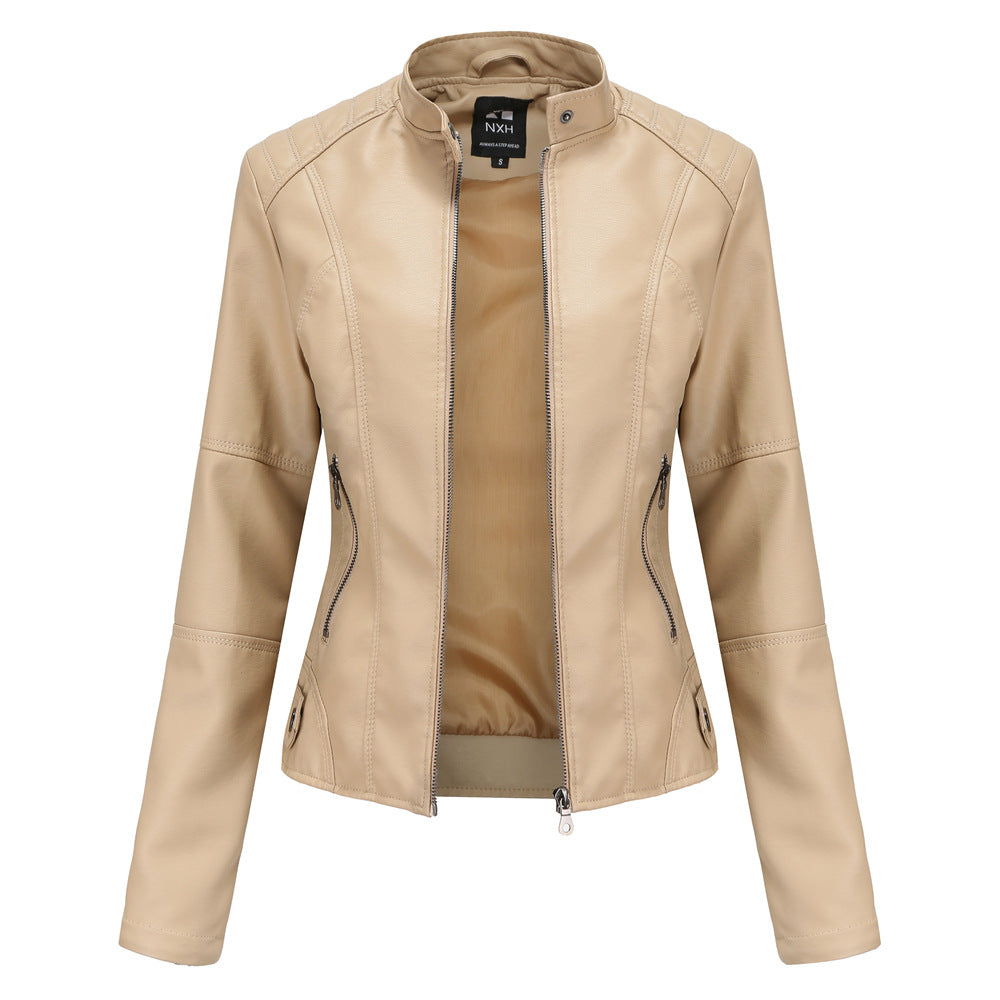 Vestes en cuir zippées pour femmes Mode couleur unie Poches Col montant Vêtements d'extérieur