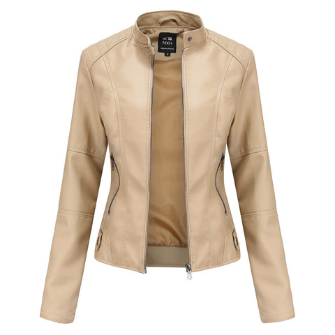 Vestes en cuir zippées pour femmes Mode couleur unie Poches Col montant Vêtements d'extérieur