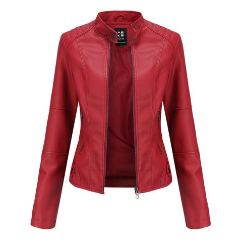 Vestes en cuir zippées pour femmes Mode couleur unie Poches Col montant Vêtements d'extérieur