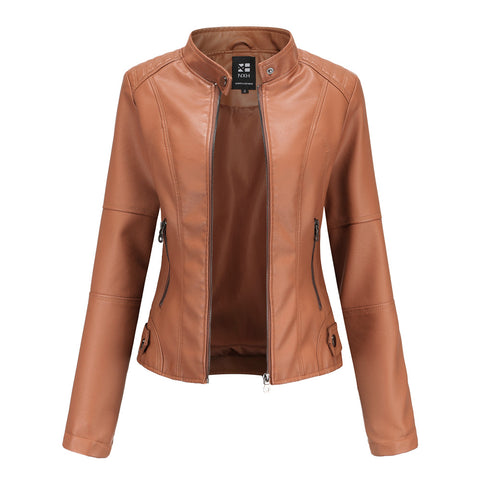 Vestes en cuir zippées pour femmes Mode couleur unie Poches Col montant Vêtements d'extérieur