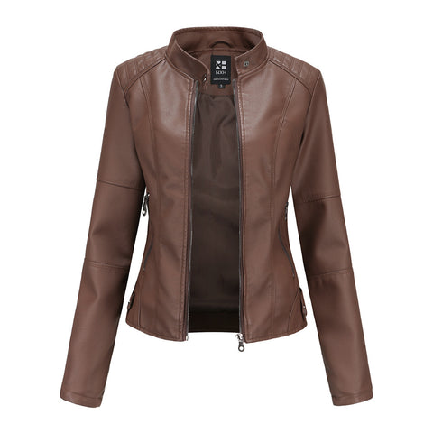 Vestes en cuir zippées pour femmes Mode couleur unie Poches Col montant Vêtements d'extérieur