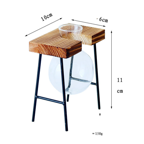 Vase hydroponique en verre transparent avec cadre en fer et support en bois