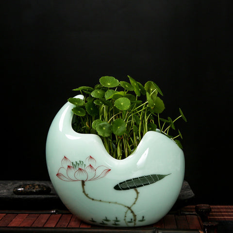 Vase en céramique céladon Longquan non poreux, créatif, peint à la main, petite plante hydroponique, pot de fleurs, décoration personnalisée pour la maison.