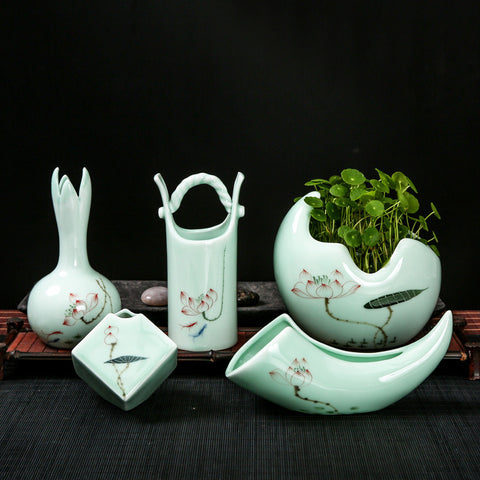 Vase en céramique céladon Longquan non poreux, créatif, peint à la main, petite plante hydroponique, pot de fleurs, décoration personnalisée pour la maison.
