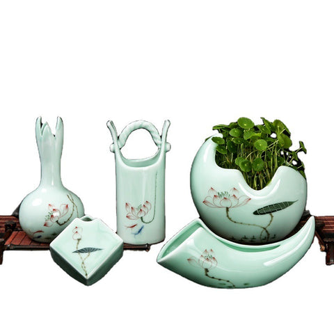 Vase en céramique céladon Longquan non poreux, créatif, peint à la main, petite plante hydroponique, pot de fleurs, décoration personnalisée pour la maison.