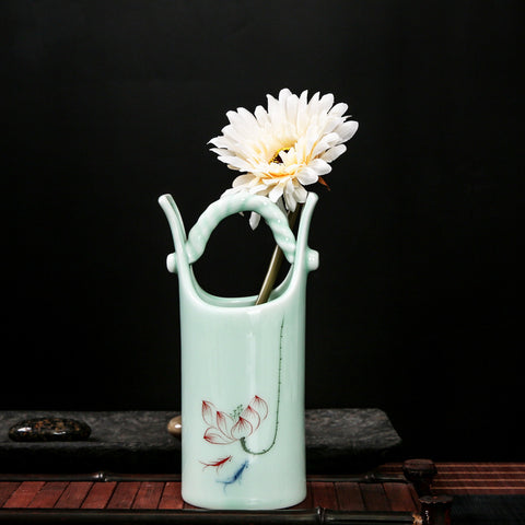 Vase en céramique céladon Longquan non poreux, créatif, peint à la main, petite plante hydroponique, pot de fleurs, décoration personnalisée pour la maison.