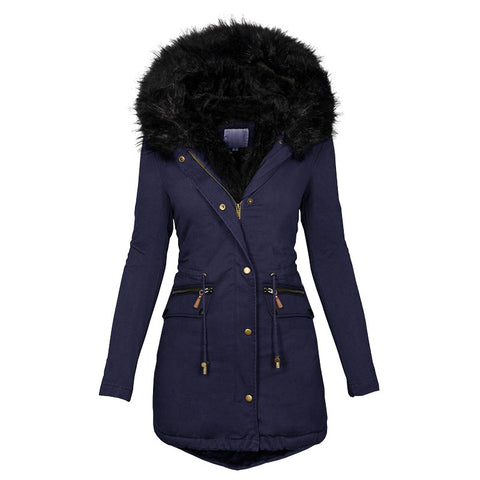 Women's Plush Hooded Parkas Winter Warm Thick  Zip-up Jackets Casual Mid-length Solid Buckle Pockets Coat Outerwear Clothing