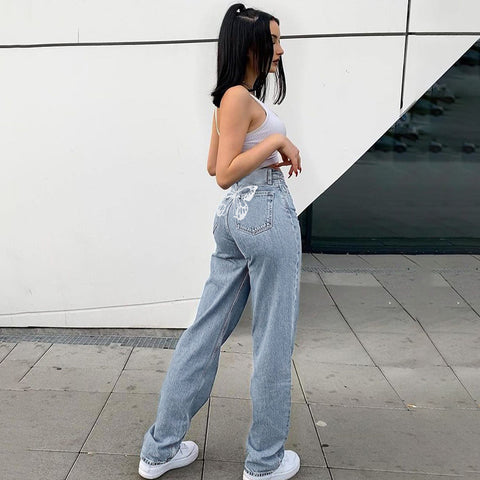 Women's Trousers Back Big Butterfly Print Drape Straight-leg Jeans Women Casual Trousers
