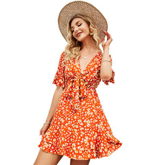 Julypalette Bohemian Floral Sexy V-neck Hollow Out Womans Dress Fashion Flared Sleeves Bow Lace-up Mini Dresses Female Vestidos