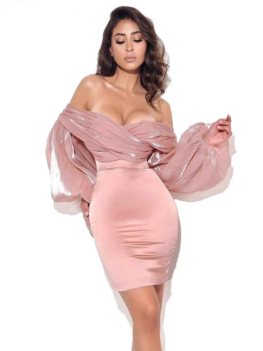 Lantern Sleeve One-Shoulder Slim-Fit Waist Tube Top Dress Female Design Sense Long-Sleeved Sweet Temperament Off-Shoulder Short Skirt - Fashionner