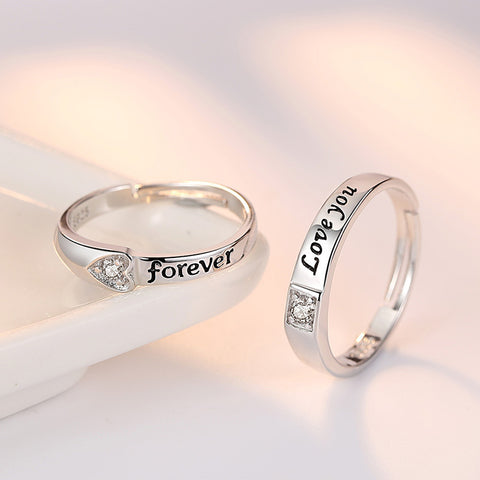 Bague de couple en zircon éternel en forme de cœur, plaquée argent, ajustable, pour homme et femme