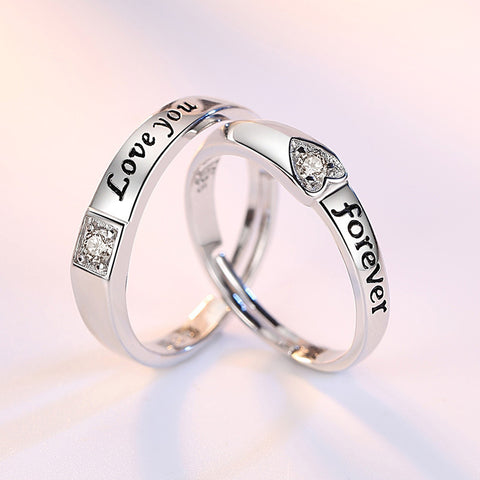 Bague de couple en zircon éternel en forme de cœur, plaquée argent, ajustable, pour homme et femme