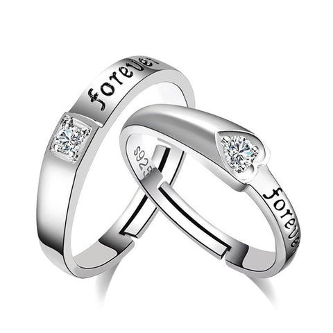 Bague de couple en zircon éternel en forme de cœur, plaquée argent, ajustable, pour homme et femme