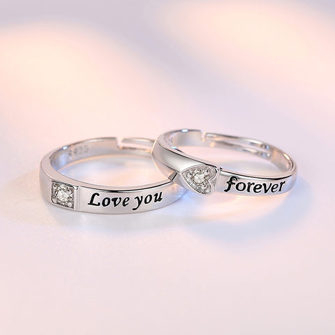 Bague de couple en zircon éternel en forme de cœur, plaquée argent, ajustable, pour homme et femme
