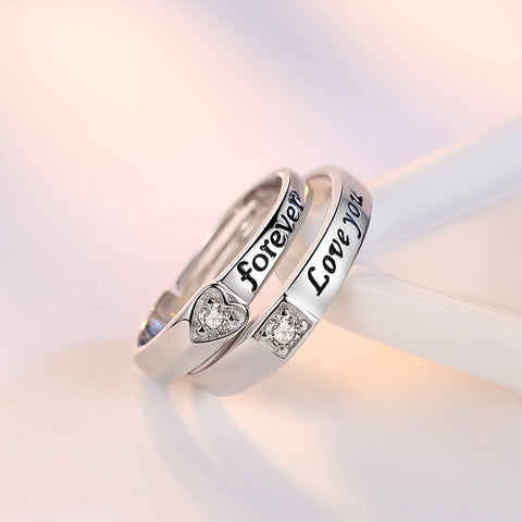 Bague de couple en zircon éternel en forme de cœur, plaquée argent, ajustable, pour homme et femme