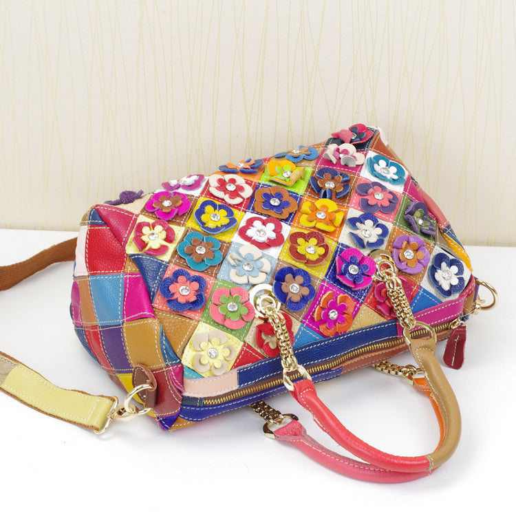 Cowhide Handbags Color Flower Handbags - Fashionner