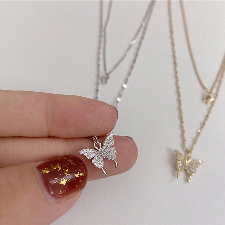 Fashion Jewelry Elegant Silver Color Shiny Butterfly Necklaces Ladies Exquisite Double Layer Clavicle Chain Necklace Jewelry Gift - Fashionner