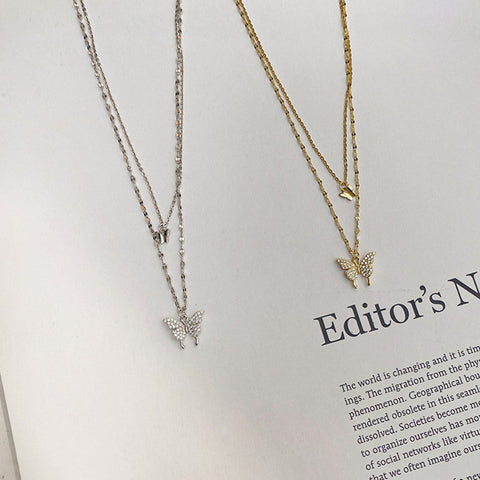 Fashion Jewelry Elegant Silver Color Shiny Butterfly Necklaces Ladies Exquisite Double Layer Clavicle Chain Necklace Jewelry Gift - Fashionner