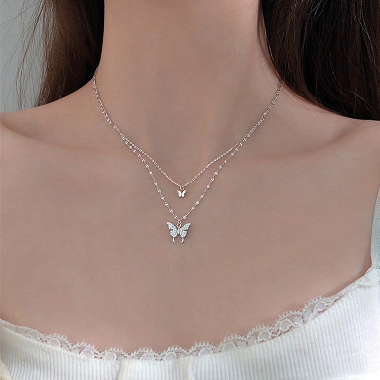 Fashion Jewelry Elegant Silver Color Shiny Butterfly Necklaces Ladies Exquisite Double Layer Clavicle Chain Necklace Jewelry Gift - Fashionner