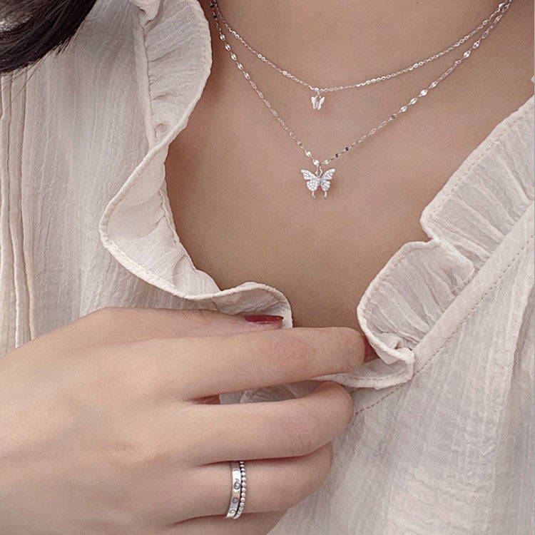 Fashion Jewelry Elegant Silver Color Shiny Butterfly Necklaces Ladies Exquisite Double Layer Clavicle Chain Necklace Jewelry Gift - Fashionner