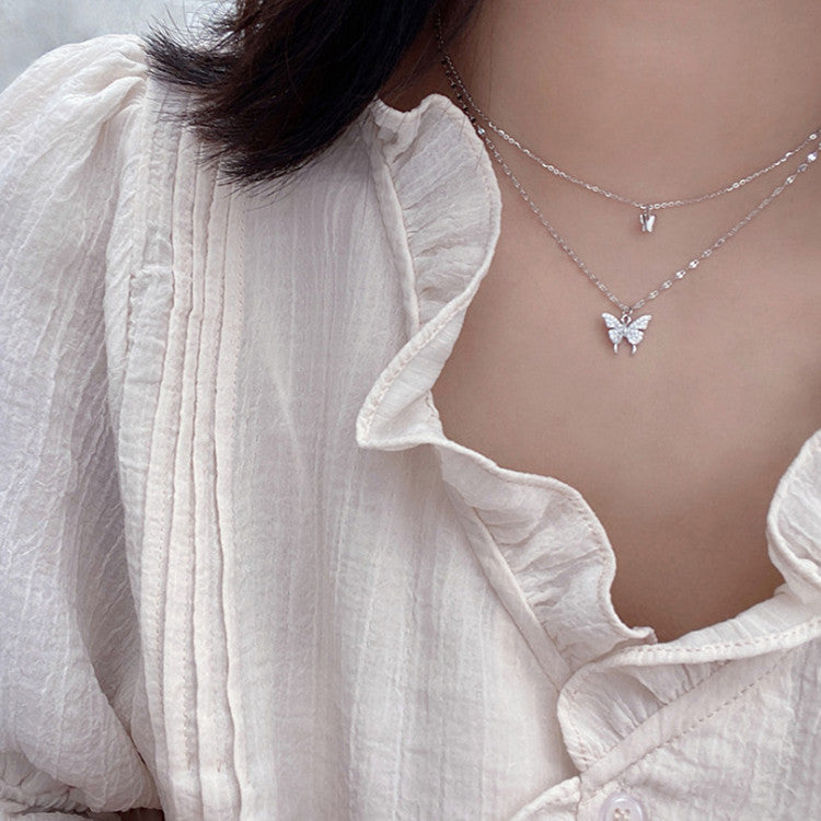 Fashion Jewelry Elegant Silver Color Shiny Butterfly Necklaces Ladies Exquisite Double Layer Clavicle Chain Necklace Jewelry Gift - Fashionner