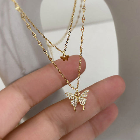 Fashion Jewelry Elegant Silver Color Shiny Butterfly Necklaces Ladies Exquisite Double Layer Clavicle Chain Necklace Jewelry Gift - Fashionner
