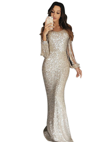 European And American Long Skirt Evening Dress Long Sleeve Tassel Evening Dress