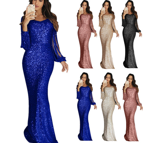 European And American Long Skirt Evening Dress Long Sleeve Tassel Evening Dress