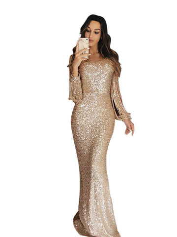European And American Long Skirt Evening Dress Long Sleeve Tassel Evening Dress