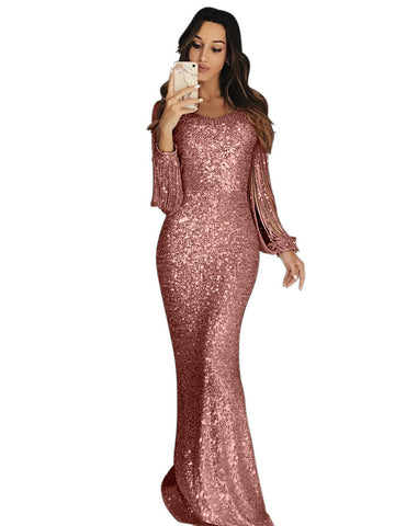 European And American Long Skirt Evening Dress Long Sleeve Tassel Evening Dress