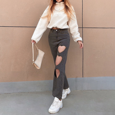 Women Flare Jeans Mid Waist Bell Jeans Stretch Slim Pants Length Jeans Fashion Design Vintage Wide Leg Denim Trousers Hole Jeans - Fashionner