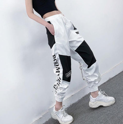 High Waist Letter Spliced Cargo Pants Women Loose Harajuku