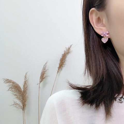 Buy New Korean Style Purple Bow Sequin Love Heart Clip On Earrings Sweet online at Fashionner.