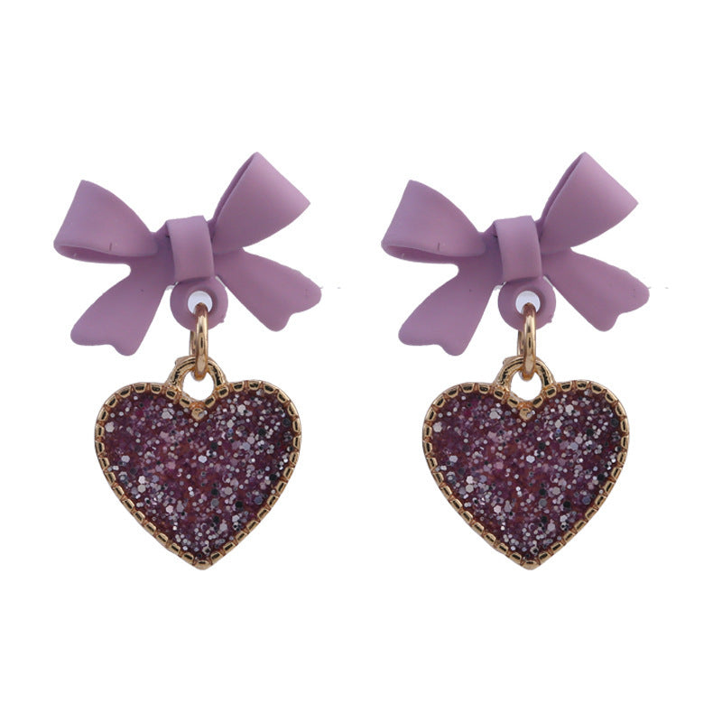 Buy New Korean Style Purple Bow Sequin Love Heart Clip On Earrings Sweet online at Fashionner.