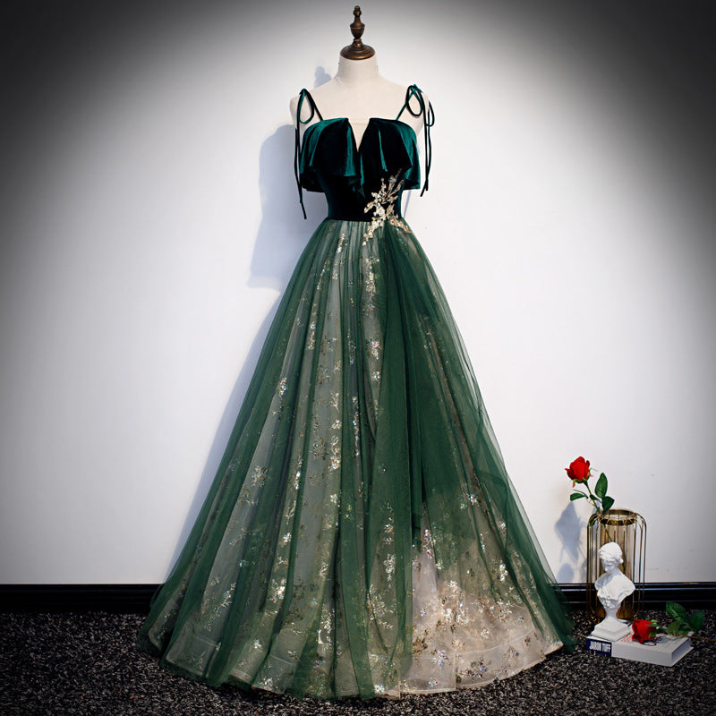Banquet Sling Temperament Long Dress Dark Green Fantasy Mori - Fashionner