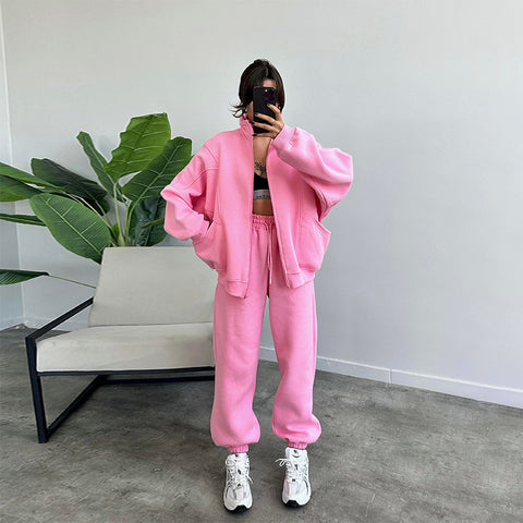 Survêtements de sport pour femme avec poches, veste zippée à col montant et pantalon à cordon de serrage, ensemble de jogging mode