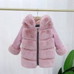Children's Cotton Coat Rex Rabbit Hooded Faux Fur Coat - Fashionner