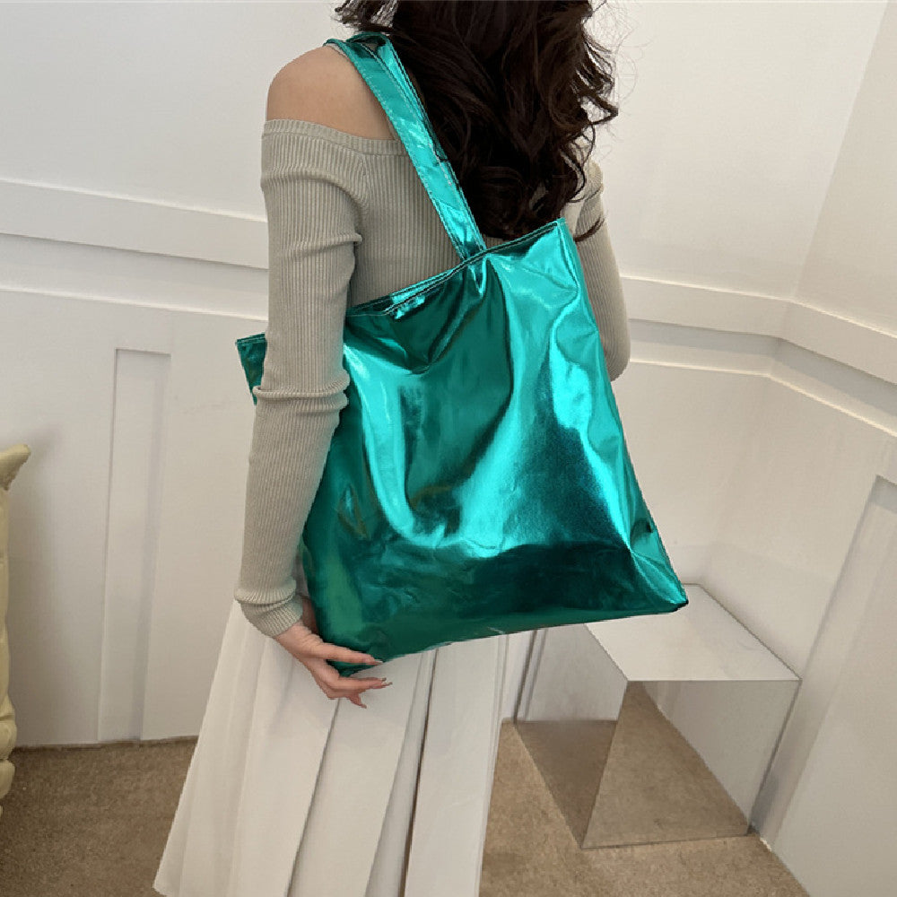 Simple Portable Large Capacity Texture Shiny Shoulder Bag Personality Soft Pu Paint Commuter Tote - Fashionner