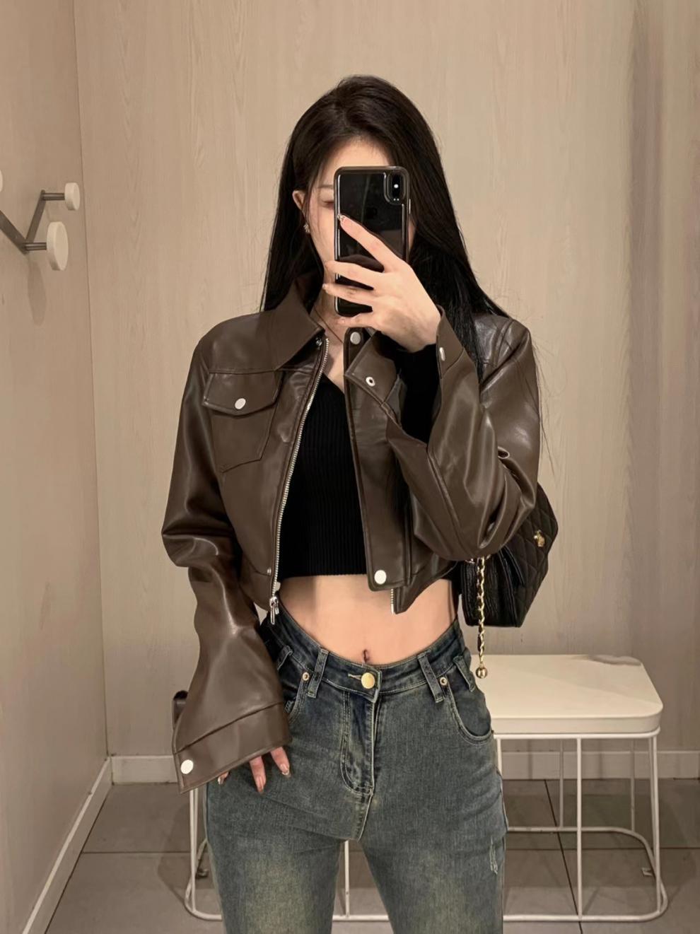 American Retro Sweet Cool Hot Girl Style Coffee Color Leather Coat Motorcycle Jacket Top - Fashionner